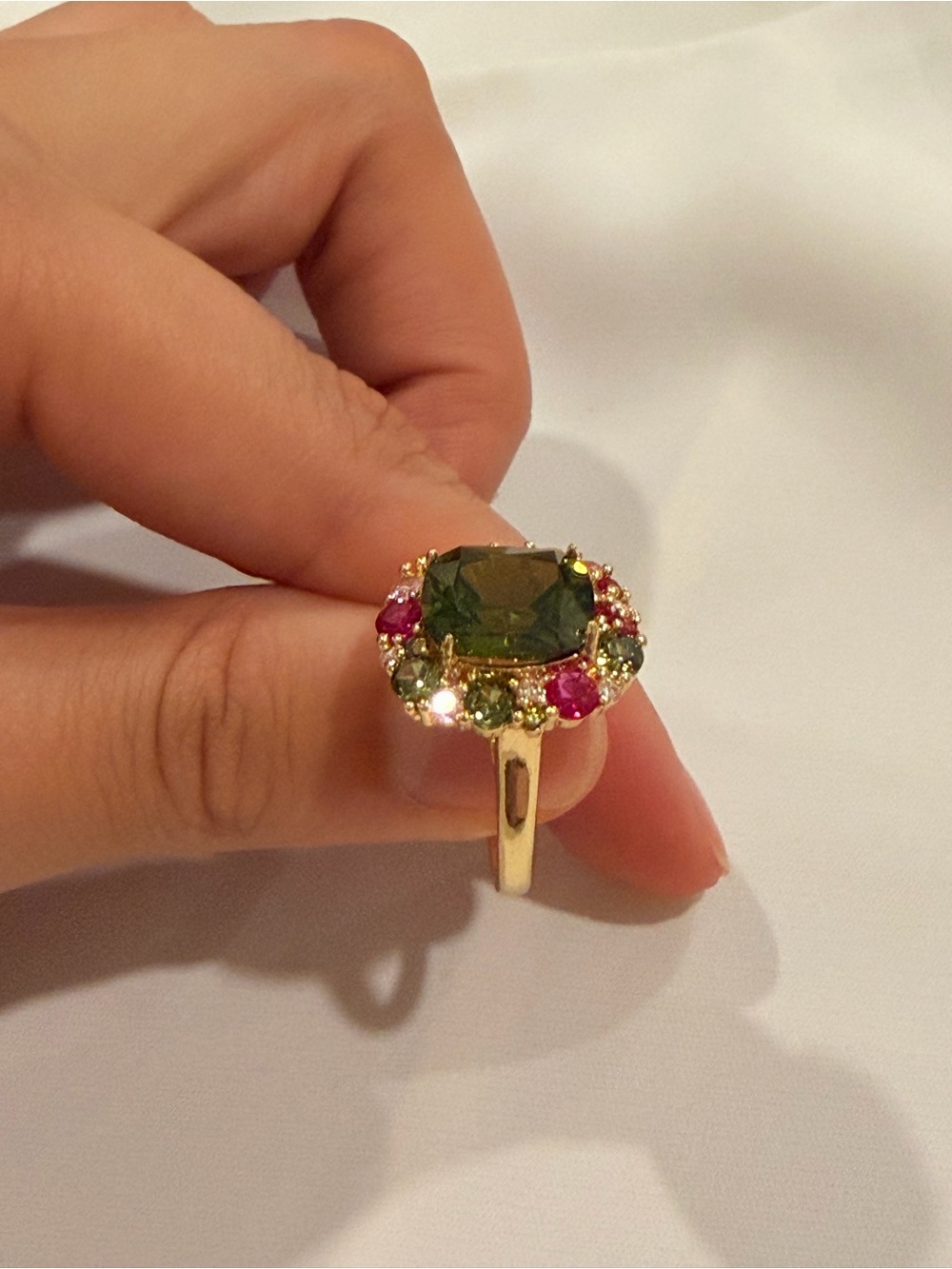 Gold Ring with Olive Green Center and Pink Accents - Picture 7 of 12